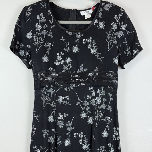 Vtg 90s Jody California Floral Midi Dress Sz 9 Black Ruffle Modest Cottagecore - Picture 2 of 11